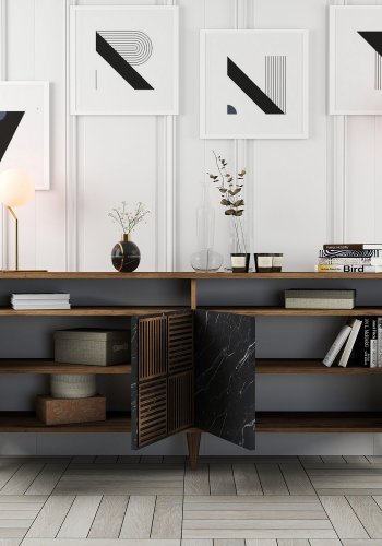 NORDVÄRK Milan konsolbord, m. 4 lger, 2 hylder, 2 rum - valnd/sort melamin og plast (180x35)