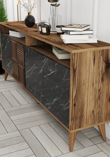 NORDVÄRK Milan konsolbord, m. 4 lger, 2 hylder, 2 rum - valnd/sort melamin og plast (180x35)