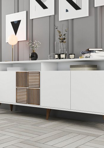 NORDVÄRK Milan konsolbord, m. 4 lger, 2 hylder, 2 rum - hvid melamin og plast (180x35)