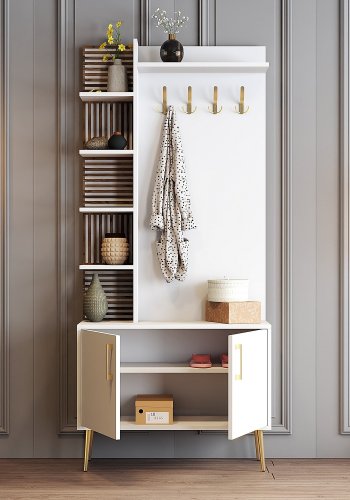 FUNZI LIVING Viyana D entrést, m. 4 knager, 2 lger og 6 hylder - hvid melamin og guld metal