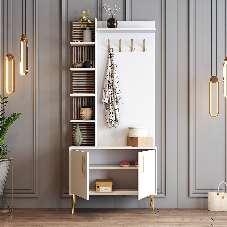 FUNZI LIVING Viyana D entrést, m. 4 knager, 2 lger og 6 hylder - hvid melamin og guld metal