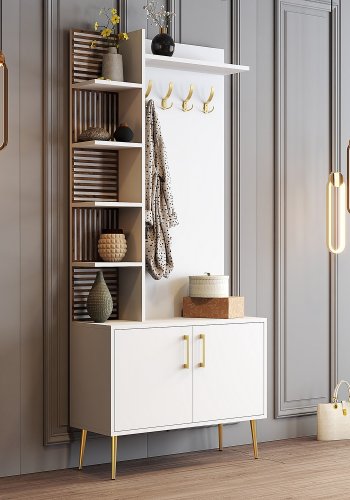 FUNZI LIVING Viyana D entrést, m. 4 knager, 2 lger og 6 hylder - hvid melamin og guld metal