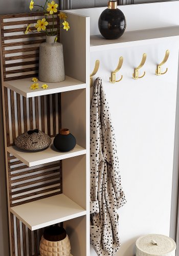 FUNZI LIVING Viyana D entrést, m. 4 knager, 2 lger og 6 hylder - hvid melamin og guld metal