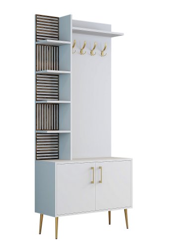 FUNZI LIVING Viyana D entrést, m. 4 knager, 2 lger og 6 hylder - hvid melamin og guld metal