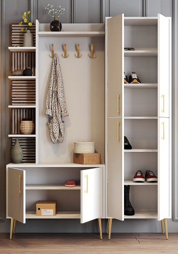 FUNZI LIVING Viyana D entrést, m. 4 knager, 6 lger og 11 hylder - hvid melamin og guld metal