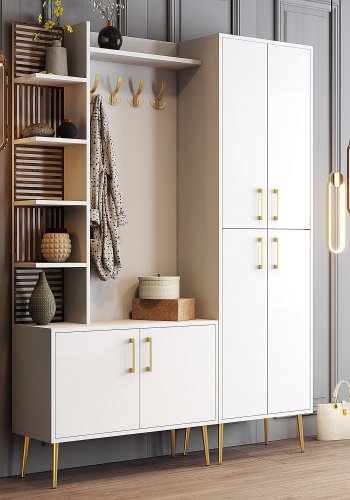FUNZI LIVING Viyana D entrést, m. 4 knager, 6 lger og 11 hylder - hvid melamin og guld metal