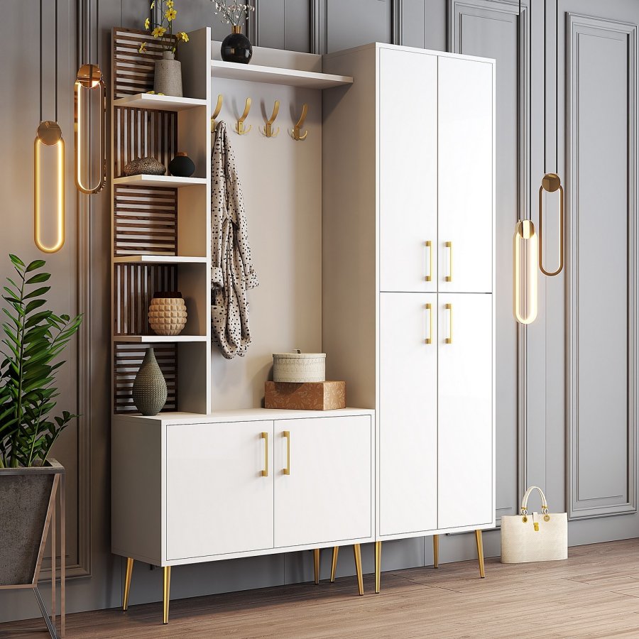 FUNZI LIVING Viyana D entrést, m. 4 knager, 6 lger og 11 hylder - hvid melamin og guld metal