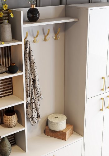 FUNZI LIVING Viyana D entrést, m. 4 knager, 6 lger og 11 hylder - hvid melamin og guld metal