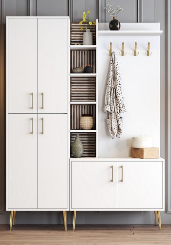 FUNZI LIVING Viyana D entrést, m. 4 knager, 6 lger og 11 hylder - hvid melamin og guld metal