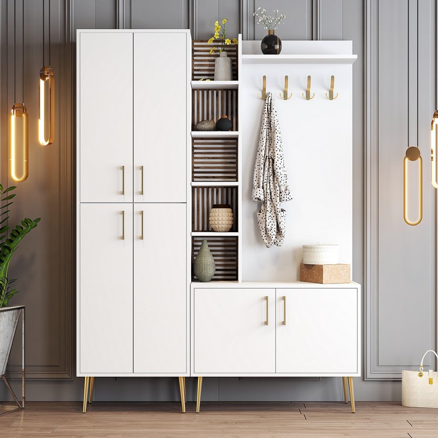 FUNZI LIVING Viyana D entrést, m. 4 knager, 6 lger og 11 hylder - hvid melamin og guld metal