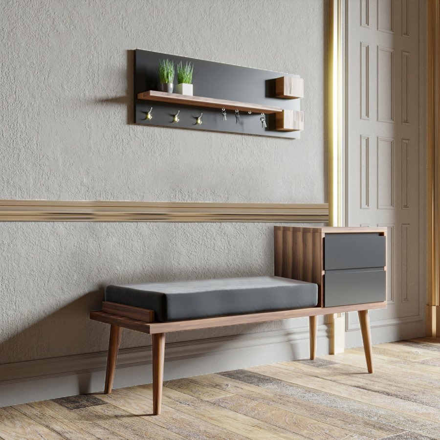 NORDVÄRK Hamra entrést, m. knagerkke, bnk, 2 skuffer, - valnddefarvet og antracitgr melamin