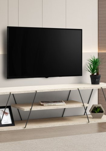 NORDVÄRK Canaz TV-bord, m. 2 hylder - hvid travertin melamin og sort metal (120x30)