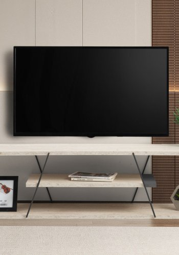 NORDVÄRK Canaz TV-bord, m. 2 hylder - hvid travertin melamin og sort metal (120x30)