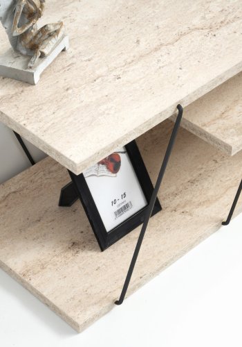 NORDVÄRK Canaz TV-bord, m. 2 hylder - hvid travertin melamin og sort metal (120x30)