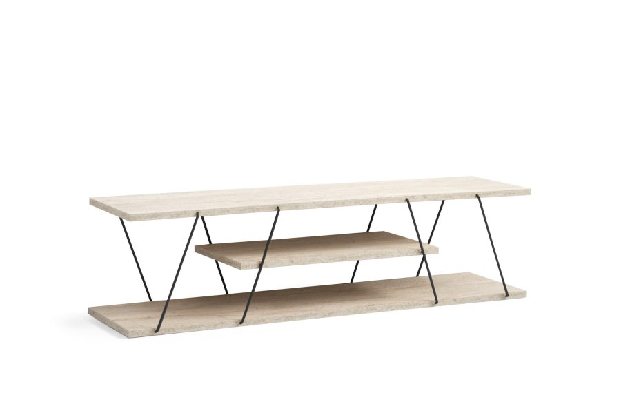 NORDVÄRK Canaz TV-bord, m. 2 hylder - hvid travertin melamin og sort metal (120x30)