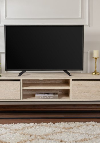 NORDVÄRK Escape 180 TV-bord, m. 1 hylde og 2 skuffer - travertin melamin og sort jern (180x40)