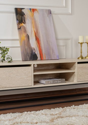 NORDVÄRK Escape 180 TV-bord, m. 1 hylde og 2 skuffer - travertin melamin og sort jern (180x40)