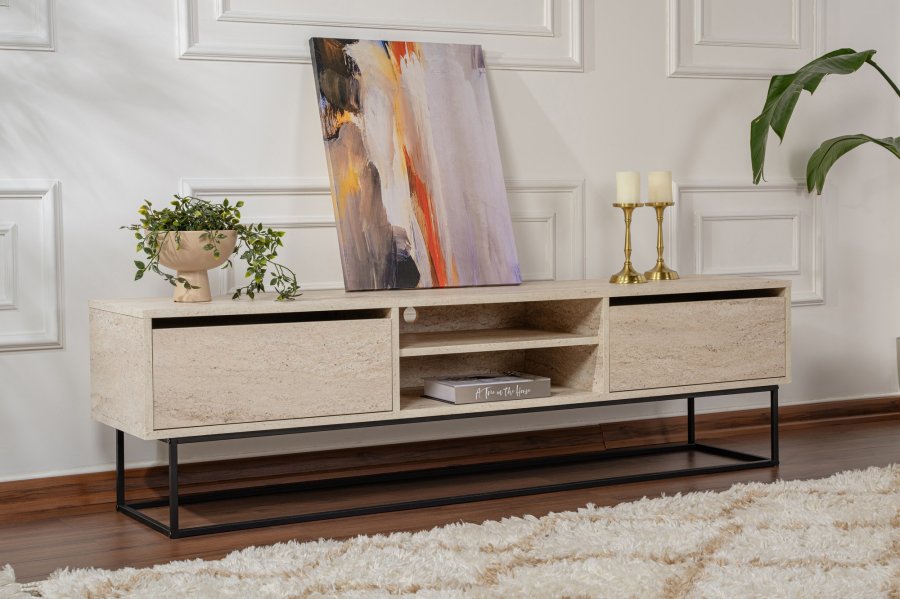 NORDVÄRK Escape 180 TV-bord, m. 1 hylde og 2 skuffer - travertin melamin og sort jern (180x40)