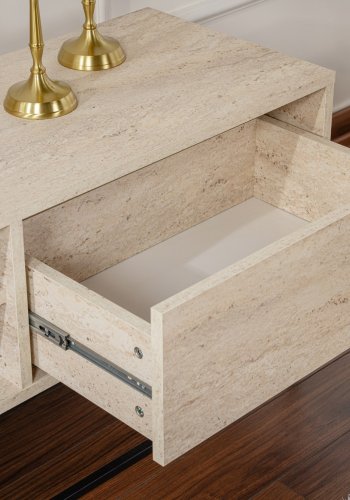 NORDVÄRK Escape 180 TV-bord, m. 1 hylde og 2 skuffer - travertin melamin og sort jern (180x40)