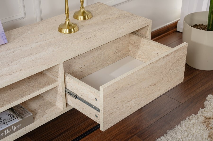 NORDVÄRK Escape 180 TV-bord, m. 1 hylde og 2 skuffer - travertin melamin og sort jern (180x40)