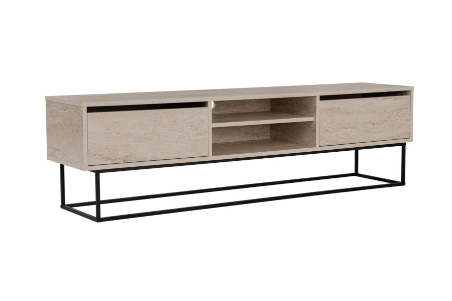 NORDVÄRK Escape 180 TV-bord, m. 1 hylde og 2 skuffer - travertin melamin og sort jern (180x40)