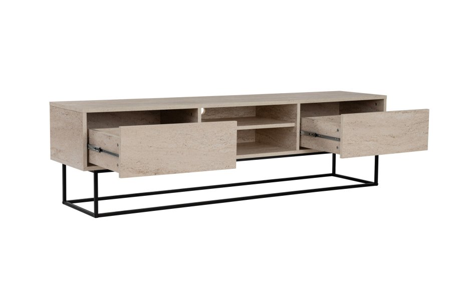 NORDVÄRK Escape 180 TV-bord, m. 1 hylde og 2 skuffer - travertin melamin og sort jern (180x40)