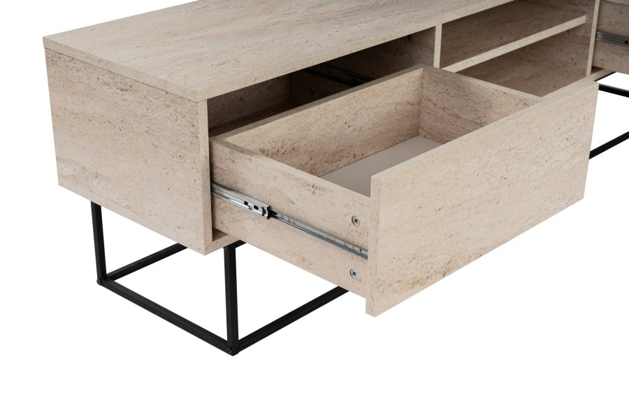 NORDVÄRK Escape 180 TV-bord, m. 1 hylde og 2 skuffer - travertin melamin og sort jern (180x40)