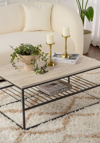 NORDVÄRK Asude sofabord, m. 1 hylde - travertin melamin og sort metal (95x55)