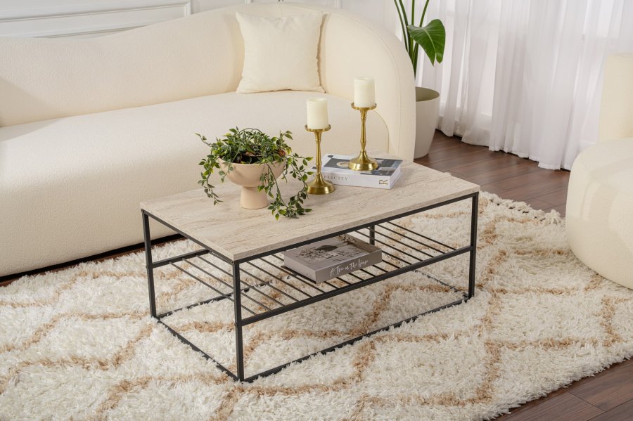 NORDVÄRK Asude sofabord, m. 1 hylde - travertin melamin og sort metal (95x55)