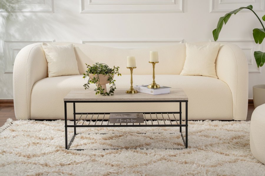 NORDVÄRK Asude sofabord, m. 1 hylde - travertin melamin og sort metal (95x55)