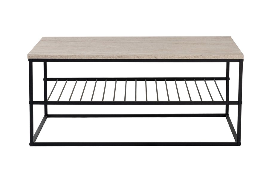 NORDVÄRK Asude sofabord, m. 1 hylde - travertin melamin og sort metal (95x55)