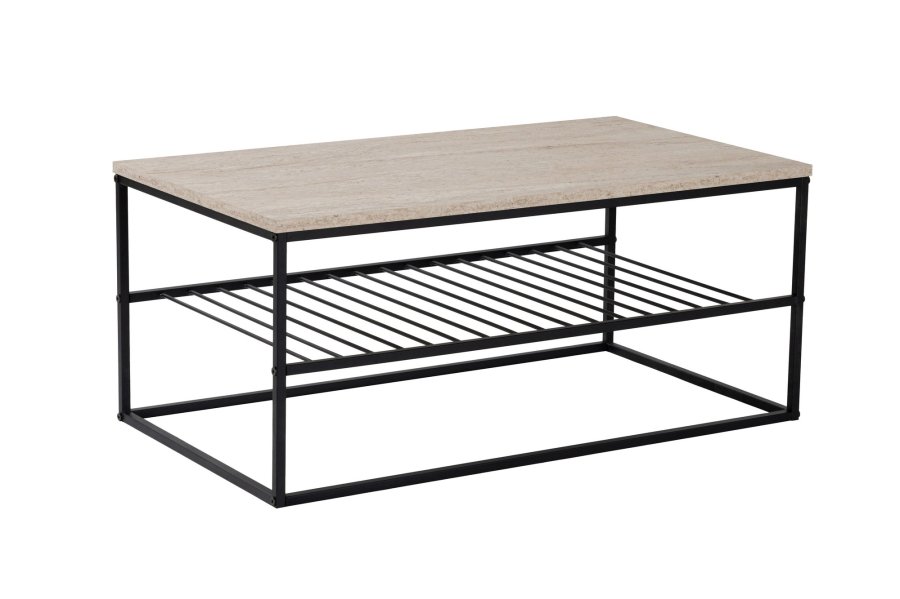 NORDVÄRK Asude sofabord, m. 1 hylde - travertin melamin og sort metal (95x55)