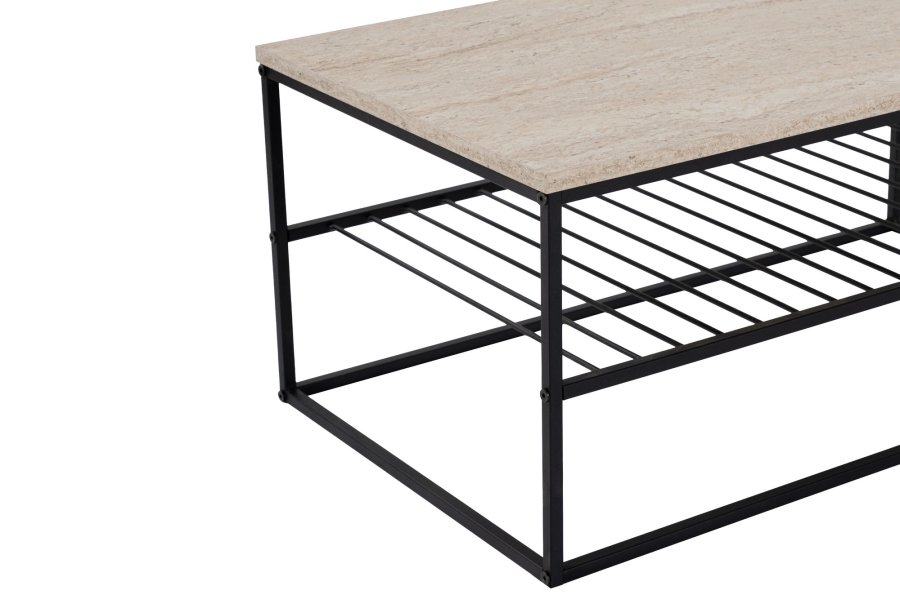 NORDVÄRK Asude sofabord, m. 1 hylde - travertin melamin og sort metal (95x55)