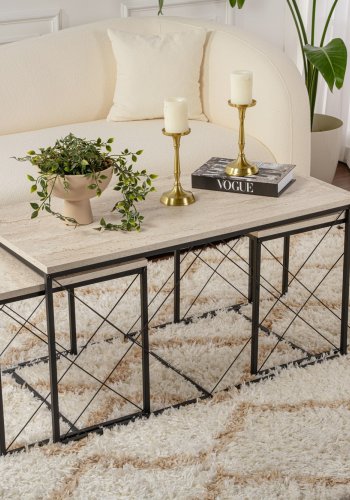 NORDVÄRK Defne sofabord - travertin melamin og sort metal (st med 3)