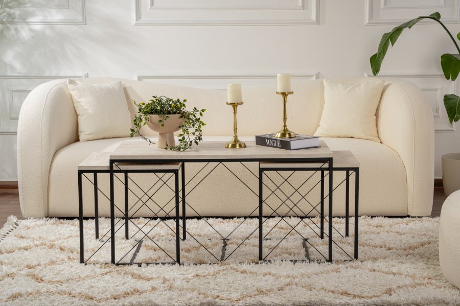 NORDVÄRK Defne sofabord - travertin melamin og sort metal (st med 3)