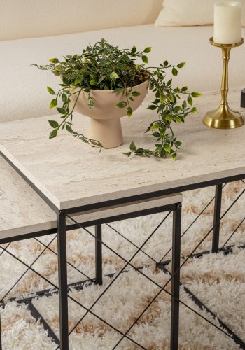 NORDVÄRK Defne sofabord - travertin melamin og sort metal (st med 3)