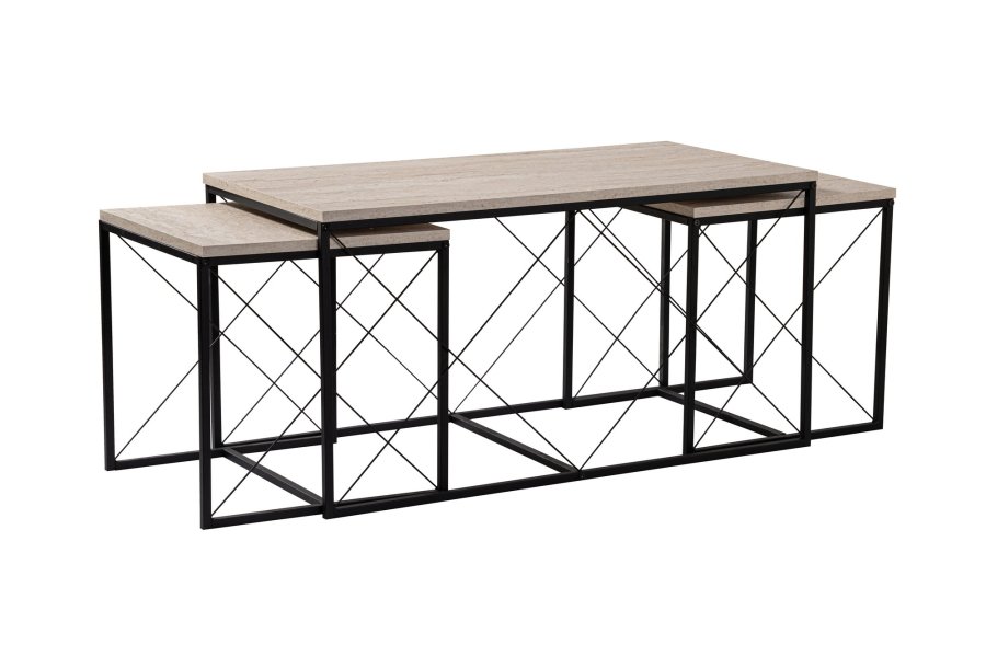 NORDVÄRK Defne sofabord - travertin melamin og sort metal (st med 3)