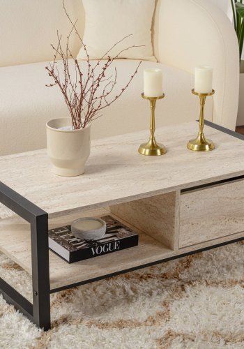 NORDVÄRK Haldizen sofabord, m. 1 hylde og 1 skuffe - travertin melamin og sort metal (105x55)