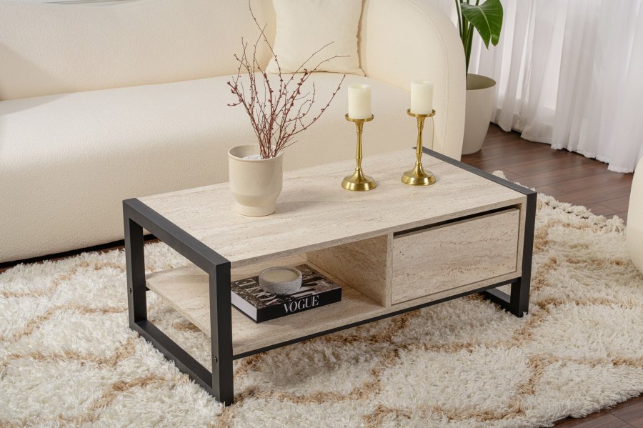 NORDVÄRK Haldizen sofabord, m. 1 hylde og 1 skuffe - travertin melamin og sort metal (105x55)