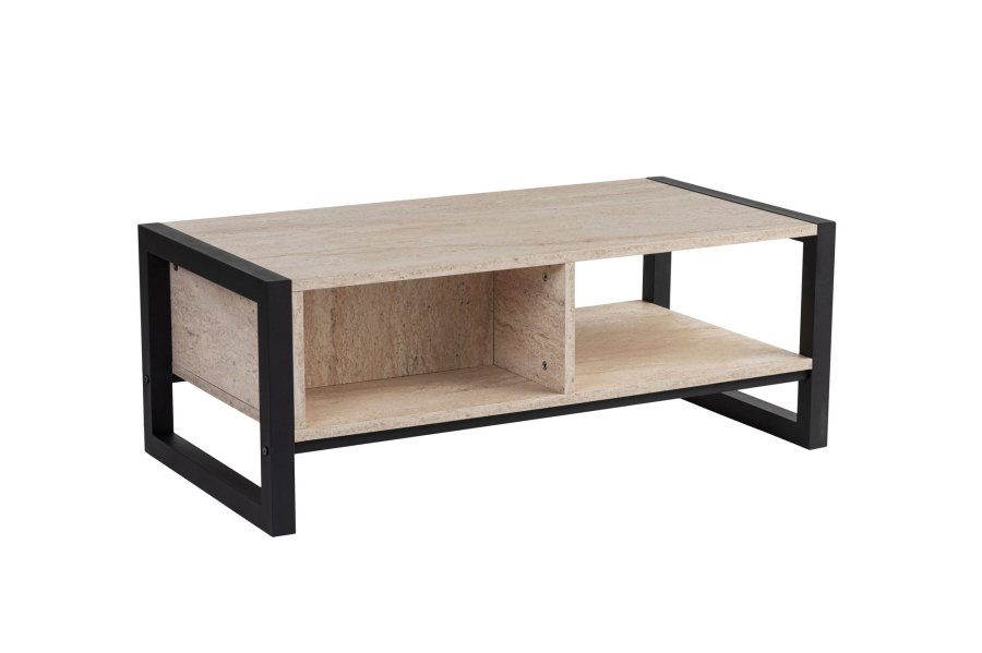 NORDVÄRK Haldizen sofabord, m. 1 hylde og 1 skuffe - travertin melamin og sort metal (105x55)