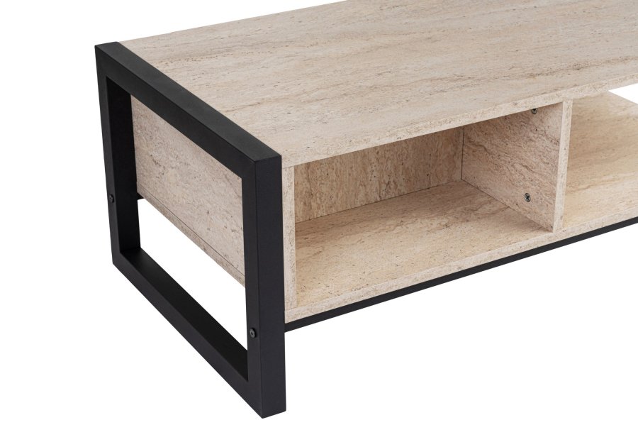 NORDVÄRK Haldizen sofabord, m. 1 hylde og 1 skuffe - travertin melamin og sort metal (105x55)