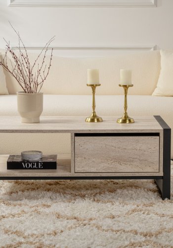 NORDVÄRK Haldizen sofabord, m. 1 hylde og 1 skuffe - travertin melamin og sort metal (105x55)