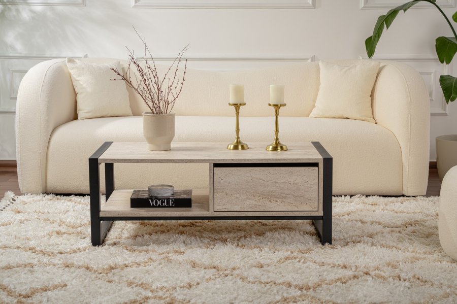 NORDVÄRK Haldizen sofabord, m. 1 hylde og 1 skuffe - travertin melamin og sort metal (105x55)