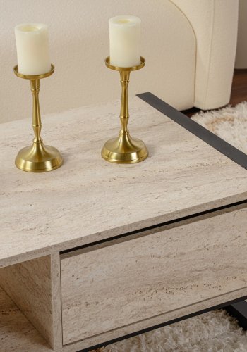 NORDVÄRK Haldizen sofabord, m. 1 hylde og 1 skuffe - travertin melamin og sort metal (105x55)