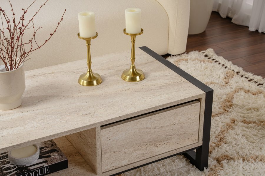 NORDVÄRK Haldizen sofabord, m. 1 hylde og 1 skuffe - travertin melamin og sort metal (105x55)