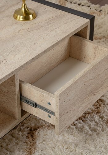 NORDVÄRK Haldizen sofabord, m. 1 hylde og 1 skuffe - travertin melamin og sort metal (105x55)