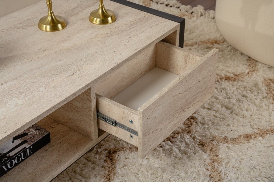 NORDVÄRK Haldizen sofabord, m. 1 hylde og 1 skuffe - travertin melamin og sort metal (105x55)