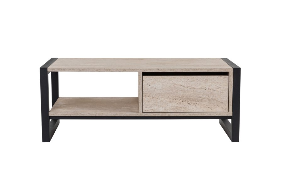 NORDVÄRK Haldizen sofabord, m. 1 hylde og 1 skuffe - travertin melamin og sort metal (105x55)