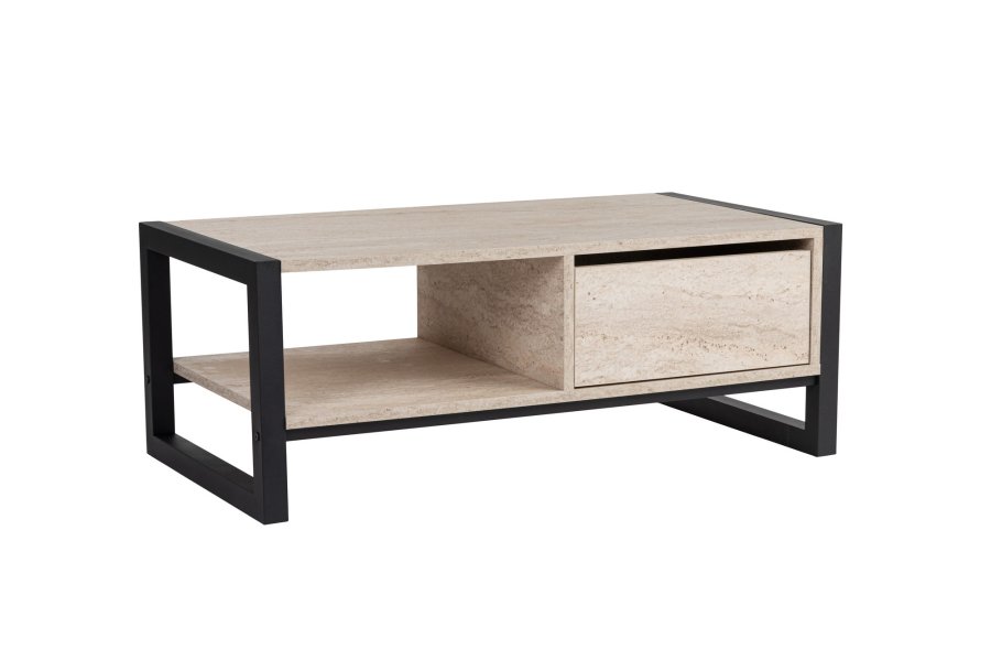 NORDVÄRK Haldizen sofabord, m. 1 hylde og 1 skuffe - travertin melamin og sort metal (105x55)