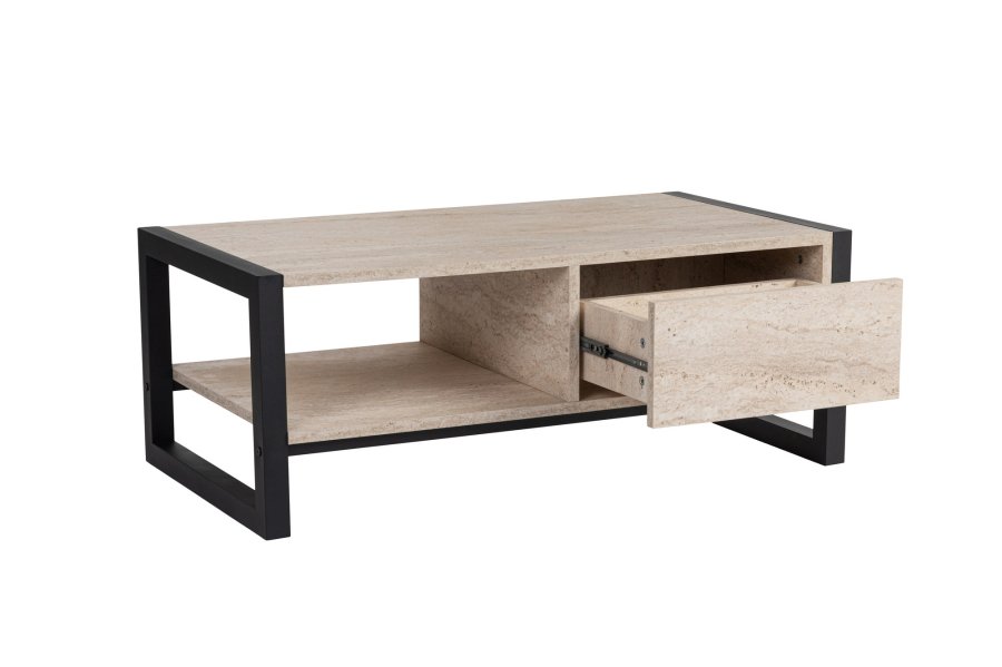 NORDVÄRK Haldizen sofabord, m. 1 hylde og 1 skuffe - travertin melamin og sort metal (105x55)